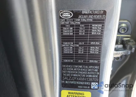 2021 Land Rover Range Rover Evoque S из США, поврежденный, VIN SALZJ2FX4MH138709